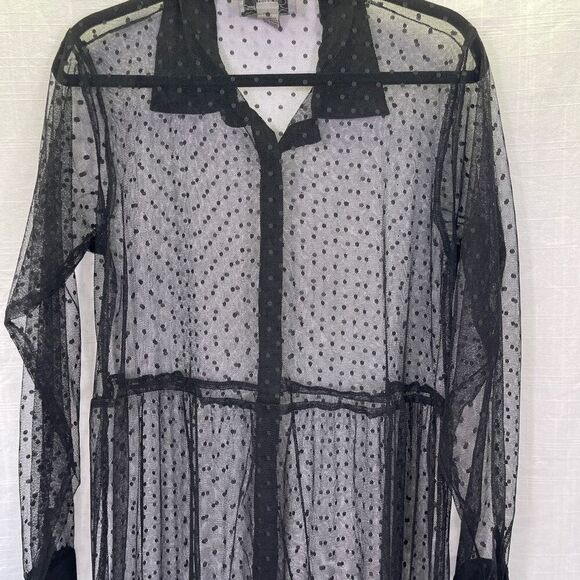 Spoon Jeans Black Polka Dot Mesh Sheer Long Sleeve Button Up Maxi Dress Size 1X - Picture 6 of 8